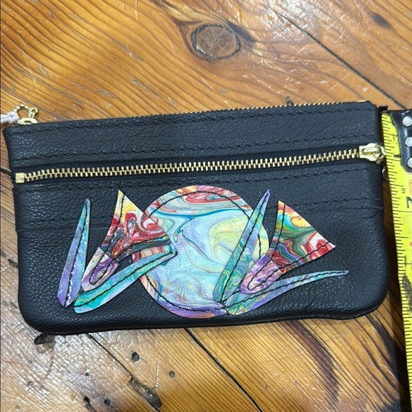 Handmade Black Leather Wallet Clutch Pouch with Artistic Floral Design - Picture 3 of 5